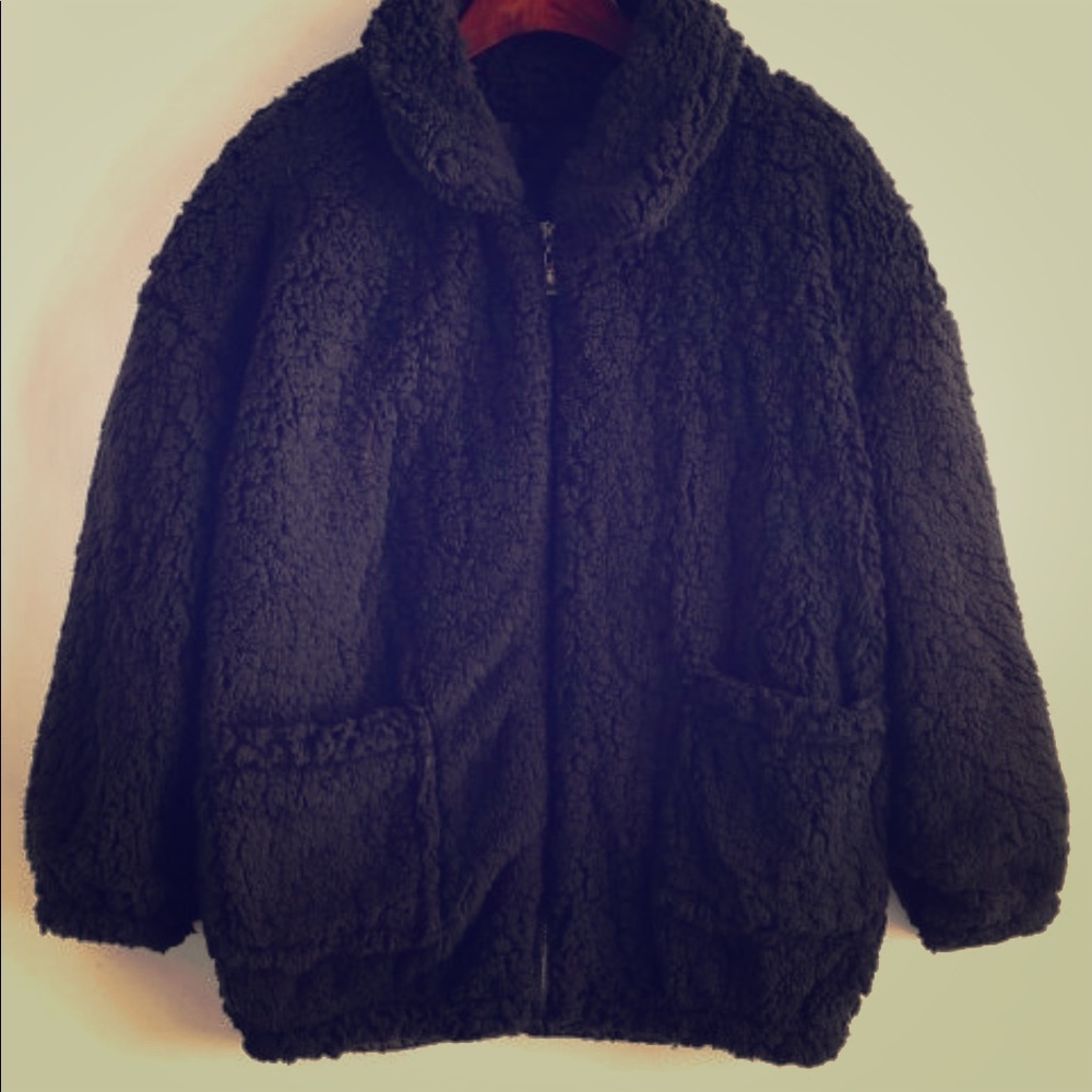 Fluffy Faux Fur Winter Teddy Coat - Black, Large